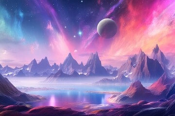 Wall Mural - a planet in universe with other life , mountains and moon in pastel colors. generative ai.