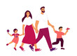 Happy family walking together.Mother,Father and Children, Daughter and Son spend time together.Family Loving and Warm relationships.Parents support their Children.Flat vector isolated illustration