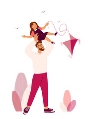 Wall Mural - Father and Daughter spend time together.Happy Dad Flying a Kite with his Child .Happy Parenting.Family Loving,Warm relationships,Girl Kid trust her Dad.Man support his Child.Flat vector illustration