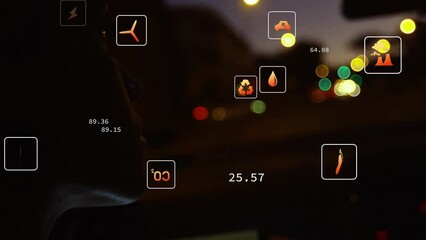 Poster - Animation of icon in squares over close-up of biracial woman looking through windshield of car