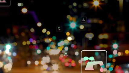 Poster - Animation of icon in squares over blurred vehicles moving on streets in city