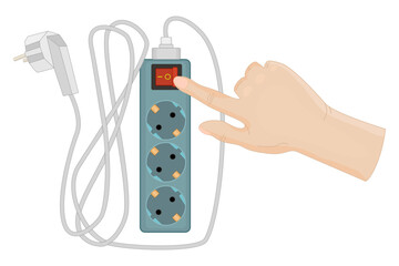 Electric extension and finger pressing the button on electric extension cord on white background. Hand using red lighting outlet switch on electric extension cord. Energy saving.Vector illustration