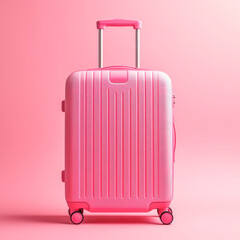 A bright pink suitcase on a bright background. Minimalism. The concept of travel.