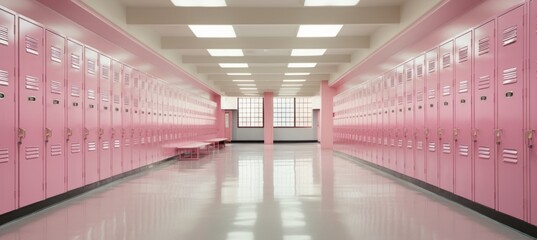 School corridor with line up pink lockers. Generative AI technology.	
