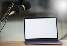 Microphone, Laptop Mockup And Screen With Audio, Radio Or Podcast Equipment With Technology And Show Marketing. Multimedia, Communication And Email With Website Design Layout, News And About Us On Pc