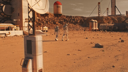 two astronauts, scientists in spacesuits walk on mars surface. research station, colony or scientifi