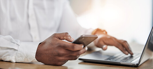 Poster - Hands, business and man with a smartphone, laptop and typing to update software, network and connection. Hand of man, employee or consultant with a pc, cellphone and search internet with app analysis