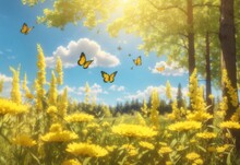 Summer Forest Glade With Yellow Flowering Grass And Butterflies On A Sunny Day
