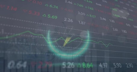 Poster - Animation of thunder symbol in circle over graphs, trading board and modern city against sky