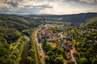 Aerial view of the church in Bardo captured on a summer afternoon. Landscapes and attractions of Lower Silesia.