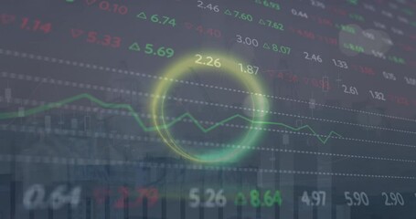 Poster - Animation of circles, multiple graphs and trading board over modern city against sky