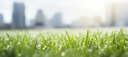 Wall Mural - Winter dew grass field with bokeh morning city background. Generative AI technology.