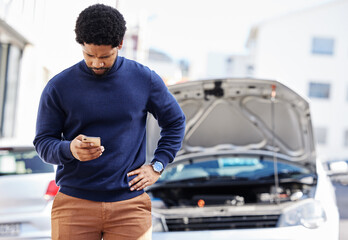 black man with phone, car breakdown and typing in road with contact, auto insurance and travel. moto