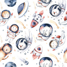 Astronaut Seamless Pattern. Universe Kids Baby Boy Girl Elephant, Fox Cat And Bunny, Space Suit, Cosmonaut Stars, Planet, Moon, Rocket And Shuttle Watercolor Space Ship Background