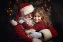 Cute Little Girl Hugging Santa Claus