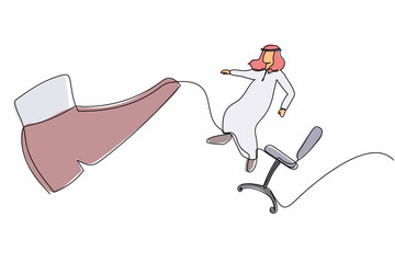 Poster - Continuous one line drawing failed small Arabian businessman kicked out by big foot from chair. Manager kicked out of work. Dismissal of staff, jobless. Single line design vector graphic illustration