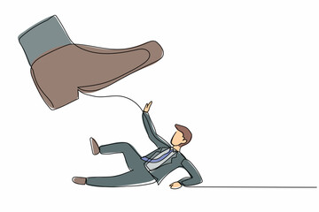 Poster - Single continuous line drawing small businessman under the giant foot. Big foot in the shoe going to crush office worker. Minimalism metaphor concept. One line draw graphic design vector illustration