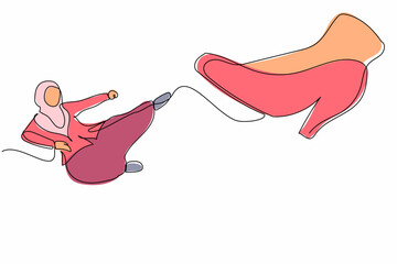 Poster - Single one line drawing active Arab businesswoman kick giant foot stomp. Female employee doing flying kick to big high heels. Minimal metaphor. Continuous line draw design graphic vector illustration