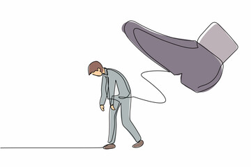 Poster - Single one line drawing young businessman going away with huge boot shoe kicking him out. Office worker being fired and kicked out concept. Minimal metaphor. Continuous line design vector illustration