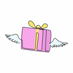 Poster - Single one line drawing flying gift box with wings. Winged surprise box with red bow and ribbon. Flying present. Delivery package icon. Modern continuous line draw design graphic vector illustration