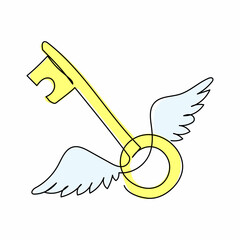 Poster - Single one line drawing flying key with wings. Mystery, clue and magic symbol. Unlock, hint, tint and secret concept. Catch luck or help. Modern continuous line draw design graphic vector illustration