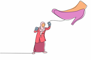 Poster - Single continuous line drawing young Arab businesswoman punching uppercut under big foot stomp. Manager against authoritarian or anger boss. Minimal metaphor. One line draw design vector illustration