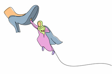 Poster - Continuous one line drawing brave Arab businesswoman flying with hero capes against giant shoes stomping. Female manager fly up against giant foot step. Single line design vector graphic illustration