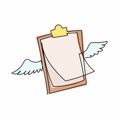 Poster - single continuous line drawing flying clipboard with wings. filling control list on notepad. concept