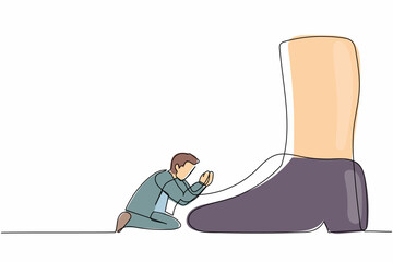 Poster - Single one line drawing failed businessman kneeling a giant foot or shoe. Office worker apologize to boss. Minimalism metaphor concept. Modern continuous line draw design graphic vector illustration
