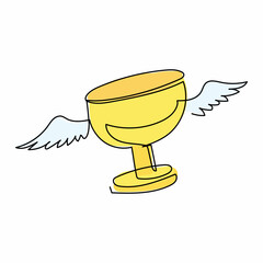 Poster - Single one line drawing flying trophy cup with wings. Victory and triumph of person, congratulation on trophy receiving. Championship award. Continuous line draw design graphic vector illustration