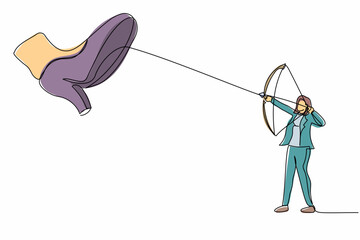 Poster - Continuous one line drawing brave businesswoman aiming bow against giant shoes stomping. Female archering against giant foot step. Minimalist metaphor. Single line design vector graphic illustration