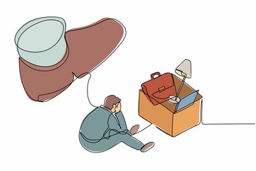 Poster - Continuous one line drawing sadness businessman sitting on the floor near office supplies under big foot stomp. Unemployment, dismissal, jobless people. Single line design vector graphic illustration