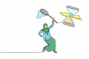Poster - Single one line drawing Arab businesswoman try to catching flying hourglass with butterfly net. Losing measurement project deadline. Business metaphor. Continuous line draw design vector illustration