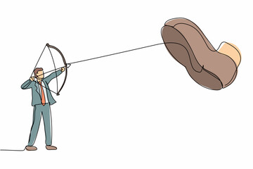 Poster - Single continuous line drawing active businessman aiming bow against giant shoes stomping. Office worker archering against giant foot step. Dynamic one line draw graphic design vector illustration