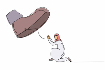 Poster - Single continuous line drawing active Arab businessman kneel down under big foot. Male manager under tyranny, dictatorship, authoritarian. Minimalism metaphor. One line draw design vector illustration