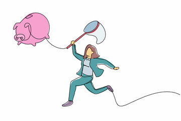 Poster - Continuous one line drawing businesswoman try to catching flying piggy bank with butterfly net. Loss job. No income. Savings lost due to dismissal. Single line draw design vector graphic illustration