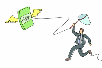 Poster - Continuous one line drawing businessman try to catching flying money stacks with butterfly net. Budget spending, bill expenses. Business financial. Single line draw design vector graphic illustration