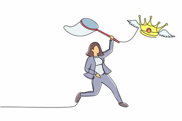 Poster - single one line drawing businesswoman try to catching flying crown with butterfly net. loss of nobil
