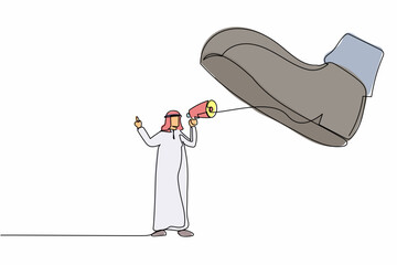 Poster - Single continuous line drawing active Arab businessman speaking with megaphone under giant shoe. Boot stepping on businessperson. Minimalism metaphor. One line draw graphic design vector illustration