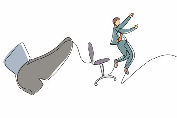 Poster - Single continuous line drawing active small businessman kicked out by big foot. Office worker kick away from chair by giant feet. Minimalism metaphor. One line draw graphic design vector illustration