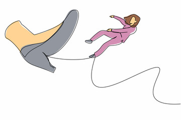 Poster - Single continuous line drawing failed businesswoman big foot kicking little women. Female employee kicked out by bigfoot, become unemployed from company. One line graphic design vector illustration