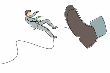 Poster - Single continuous line drawing businessman big foot kicking little men. Bankruptcy, insolvency. Male employee kicked out by big foot, become unemployed. One line graphic design vector illustration