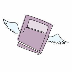 Poster - Single continuous line drawing flying book with wings. Winged book white creative emblem. Educational sign, library symbol. Branding identity. Dynamic one line draw graphic design vector illustration