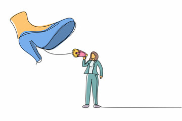 Poster - Continuous one line drawing businesswoman protest with megaphone under giant shoe. Female manager under tyranny, dictatorship concept. Minimal metaphor. Single line design vector graphic illustration