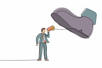 Poster - Single one line drawing businessman speaking with megaphone under giant shoe. Boot of army soldier stepping on businessperson. Minimalism metaphor. Continuous line design graphic vector illustration