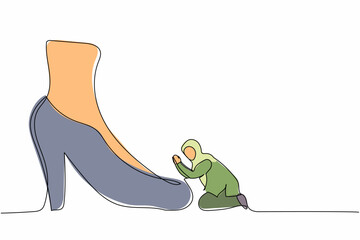 Poster - Single continuous line drawing active Arab businesswoman kneeling a giant foot or shoe. Female manager apologize to executive director. Minimalism metaphor. One line graphic design vector illustration