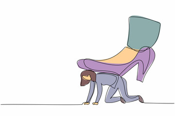 Poster - Single continuous line drawing businesswoman crawling under giant foot trample. Female employee oppressed by the boss with under big shoe. Minimalist metaphor. One line draw design vector illustration