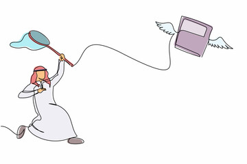 Poster - Single continuous line drawing Arabian businessman try to catching flying book with butterfly net. Low education due to lack of reading. Business metaphor. One line graphic design vector illustration