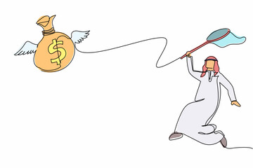 Poster - Single one line drawing Arabian businessman try to catching flying money bag with butterfly net. Failed to get annual bonus. Business metaphor. Continuous line draw design graphic vector illustration