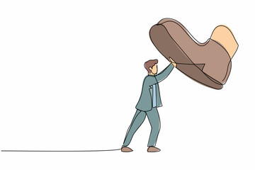 Poster - Single one line drawing young businessman against giant shoes stomping. Male manager push against giant foot step. Minimal metaphor concept. Modern continuous line design graphic vector illustration